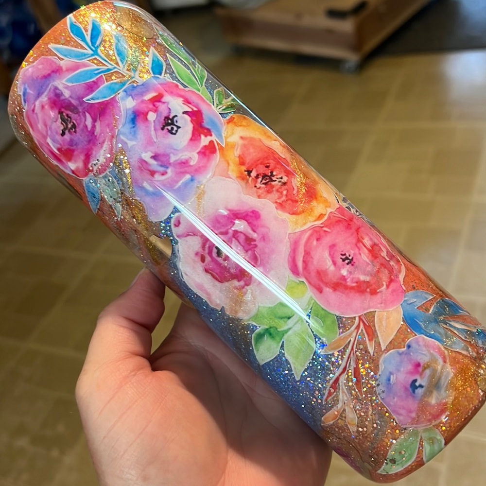 Floral Glitter Tumbler, handmade